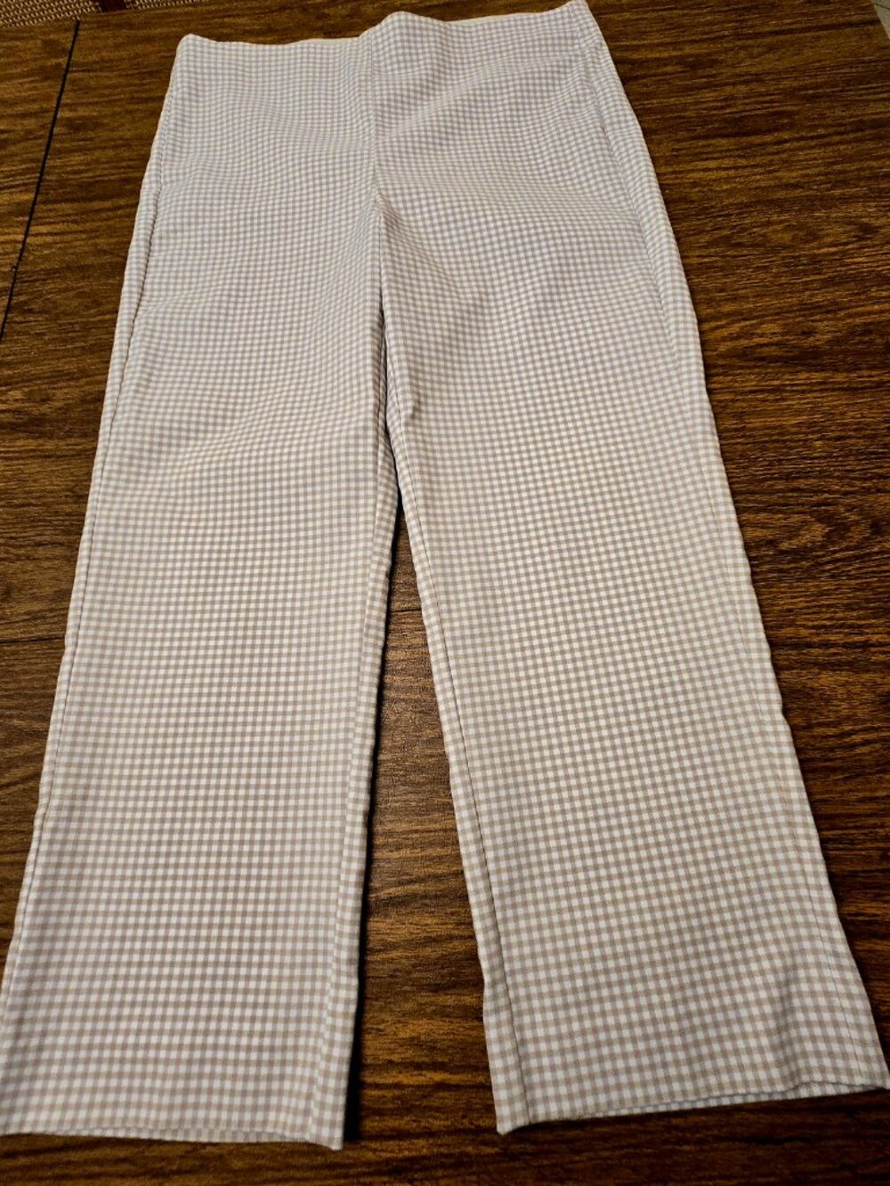 CHICO'S Women's Cream/Tan Check Print Stretch Knit Pull-On Ankle Pants Size 1.5